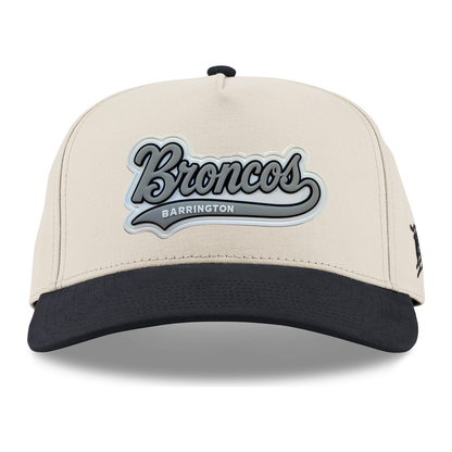 Script Broncos Gray patch on Beige / Vintage Black Canvas 5 Panel hat, front view