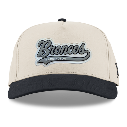 Script Broncos Gray patch on Beige / Vintage Black Canvas 5 Panel hat, front view