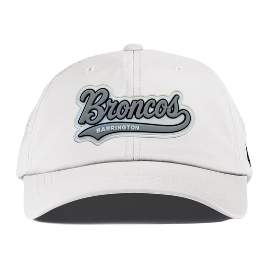 Script Broncos Gray patch on White Performance Dad hat, front view
