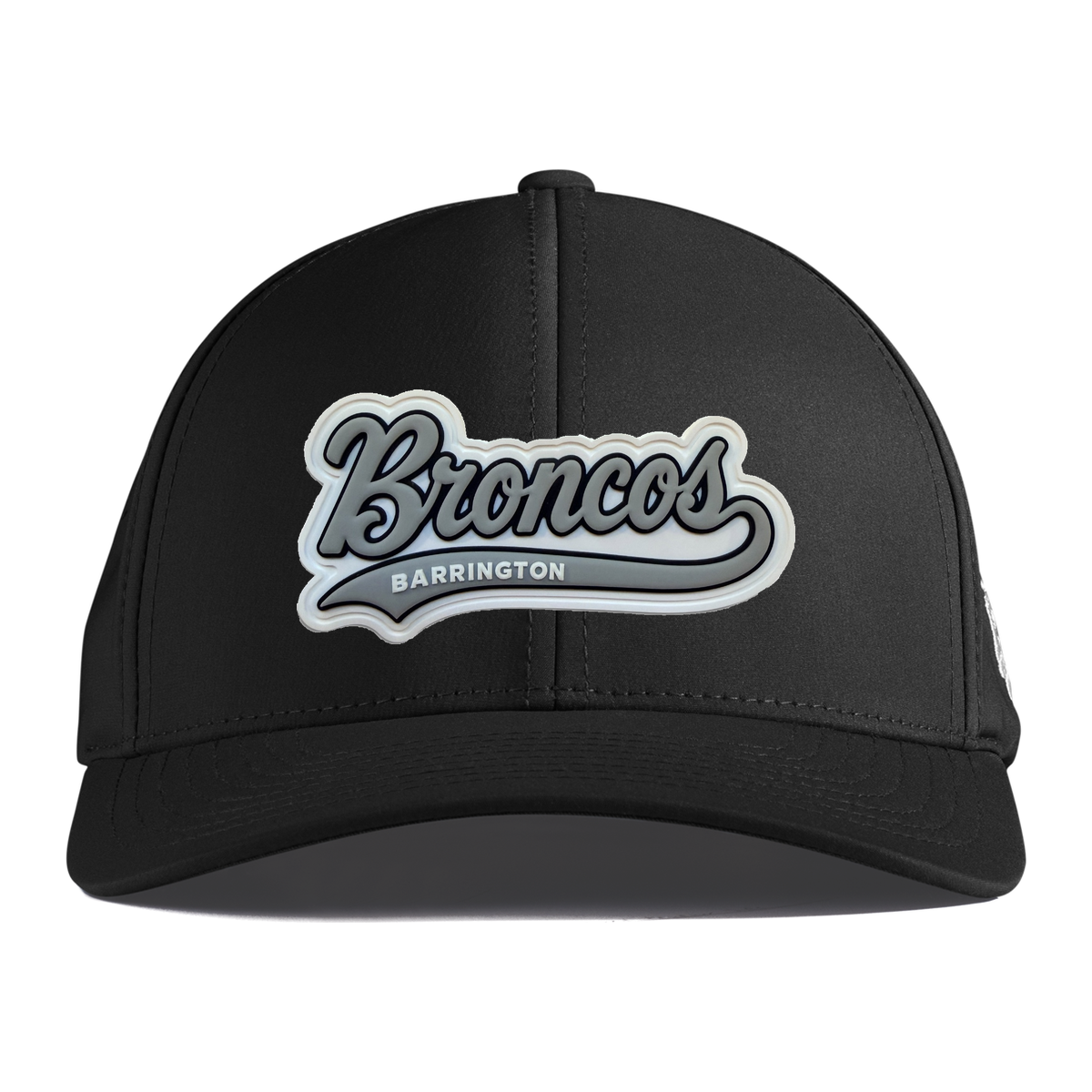 Script Broncos Gray patch on black curved Performance hat, front view