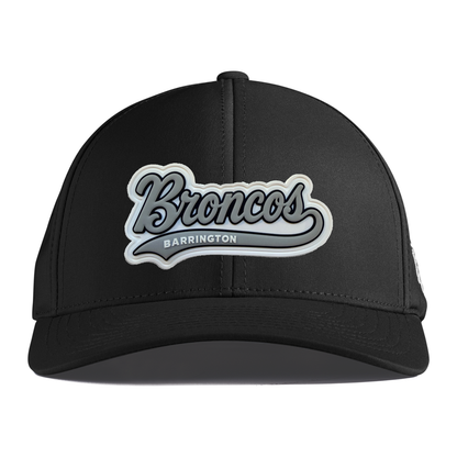 Script Broncos Gray patch on black curved Performance hat, front view
