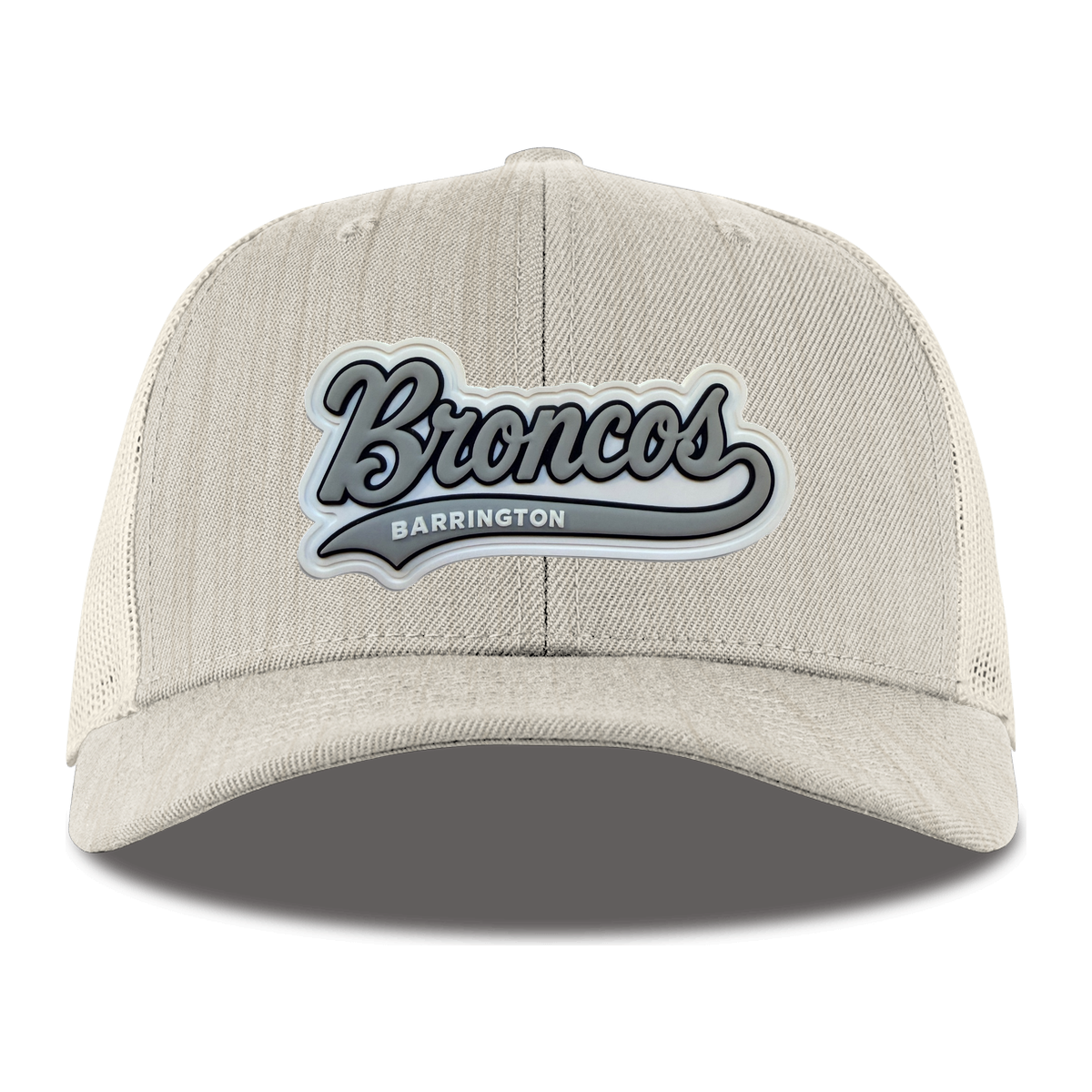 Script Broncos Gray patch on Heather Beige Trucker hat, front view