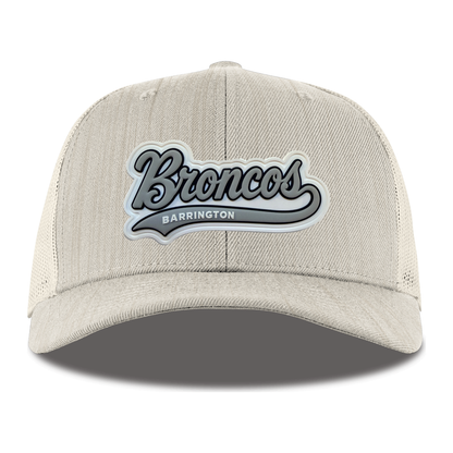 Script Broncos Gray patch on Heather Beige Trucker hat, front view
