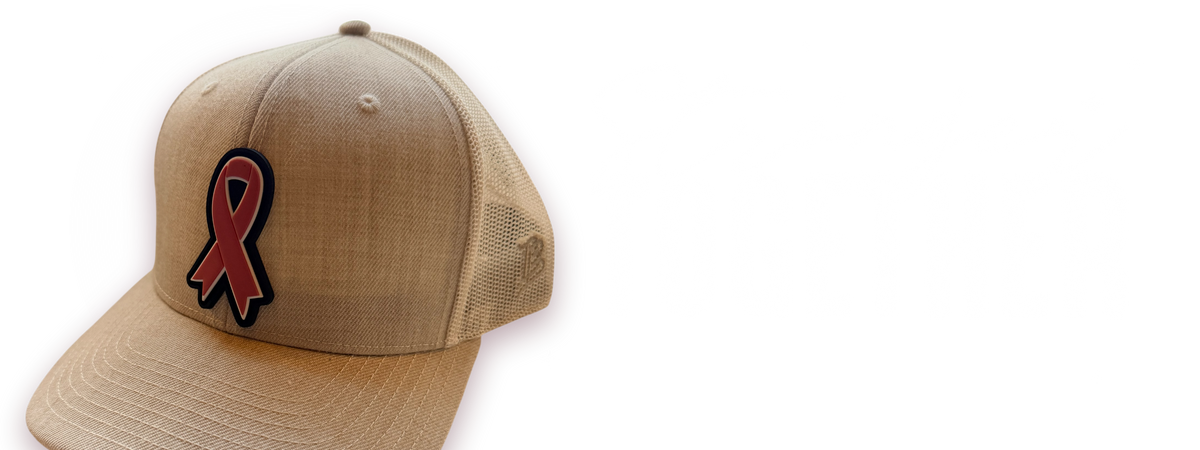 Stronger Together, with the Pink Ribbon hat: Heather Beige trucker with the Pink Ribbon 3D PVC patch