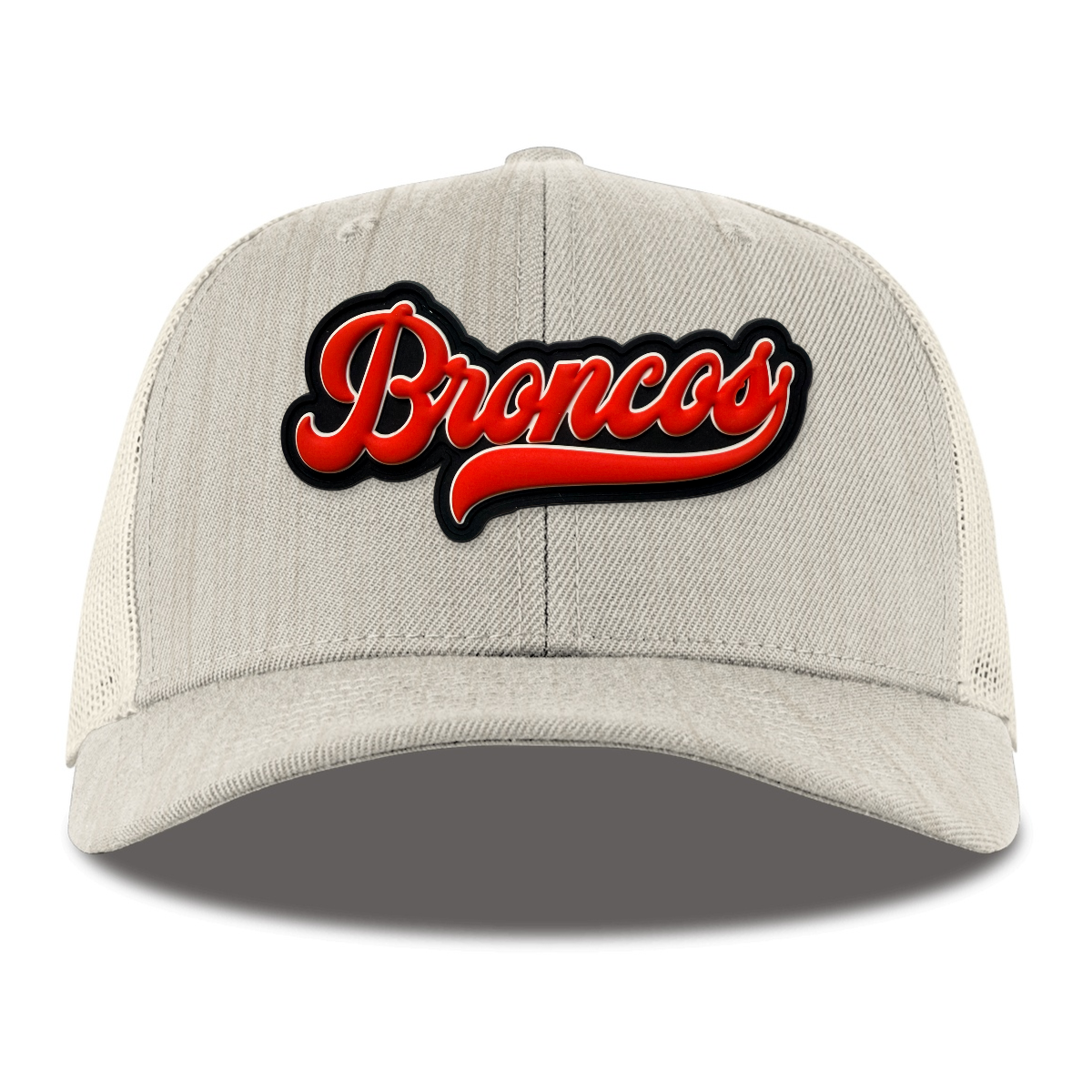 Script Broncos Trucker — Black Patch, Heather Beige, front