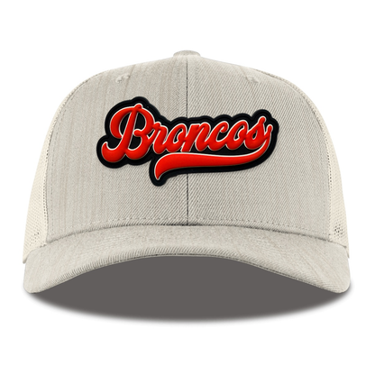 Script Broncos Trucker — Black Patch, Heather Beige, front