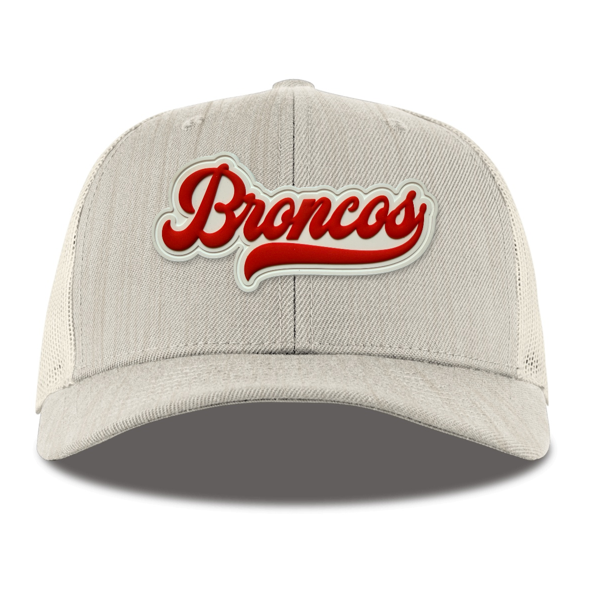 Script Broncos Trucker — White Patch, Heather Beige, front