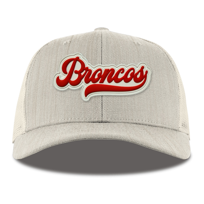 Script Broncos Trucker — White Patch, Heather Beige, front