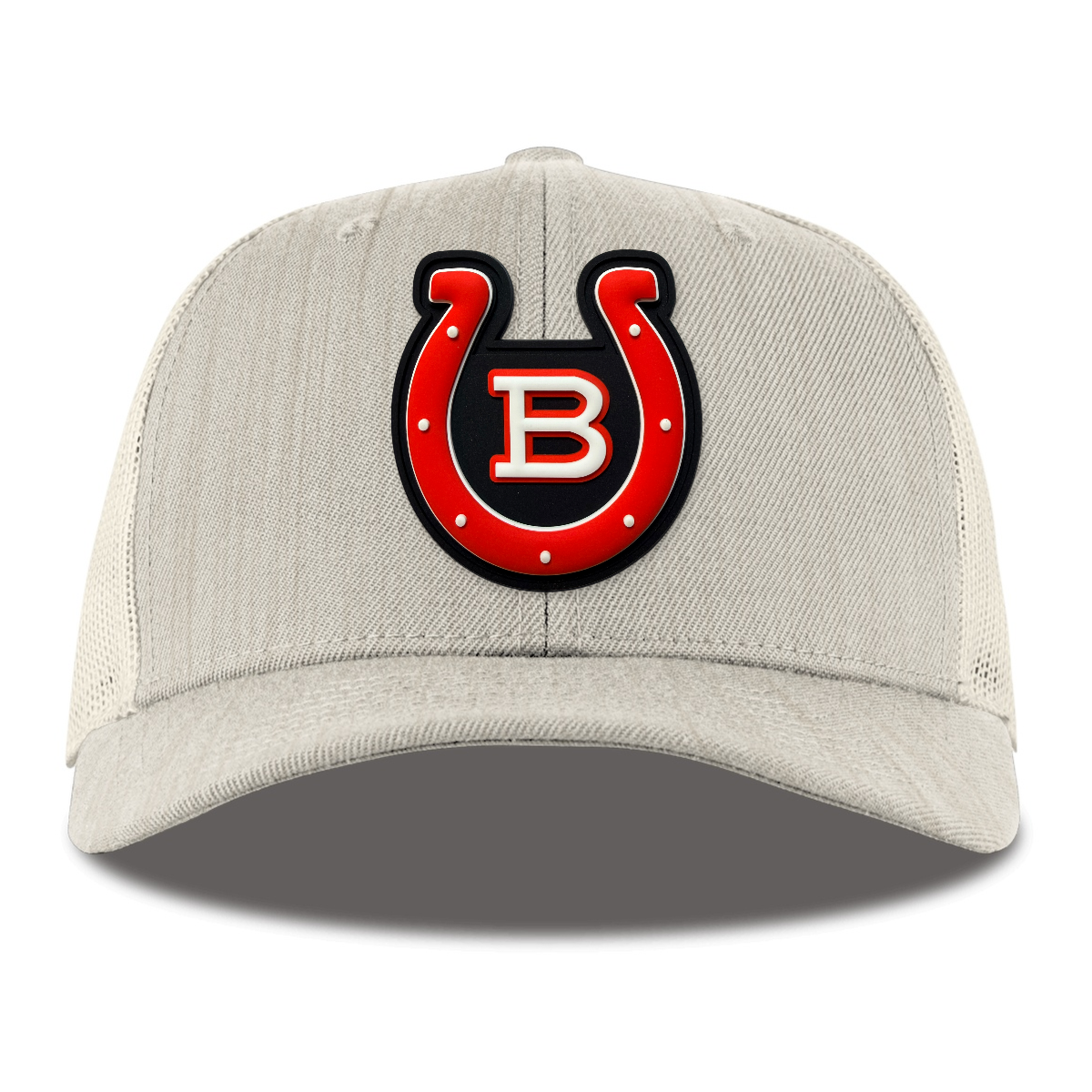 Horseshoe Trucker — Black Patch, Heather Beige, front