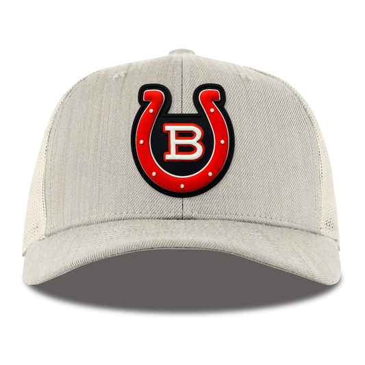 Horseshoe Trucker — Black Patch, Heather Beige, front