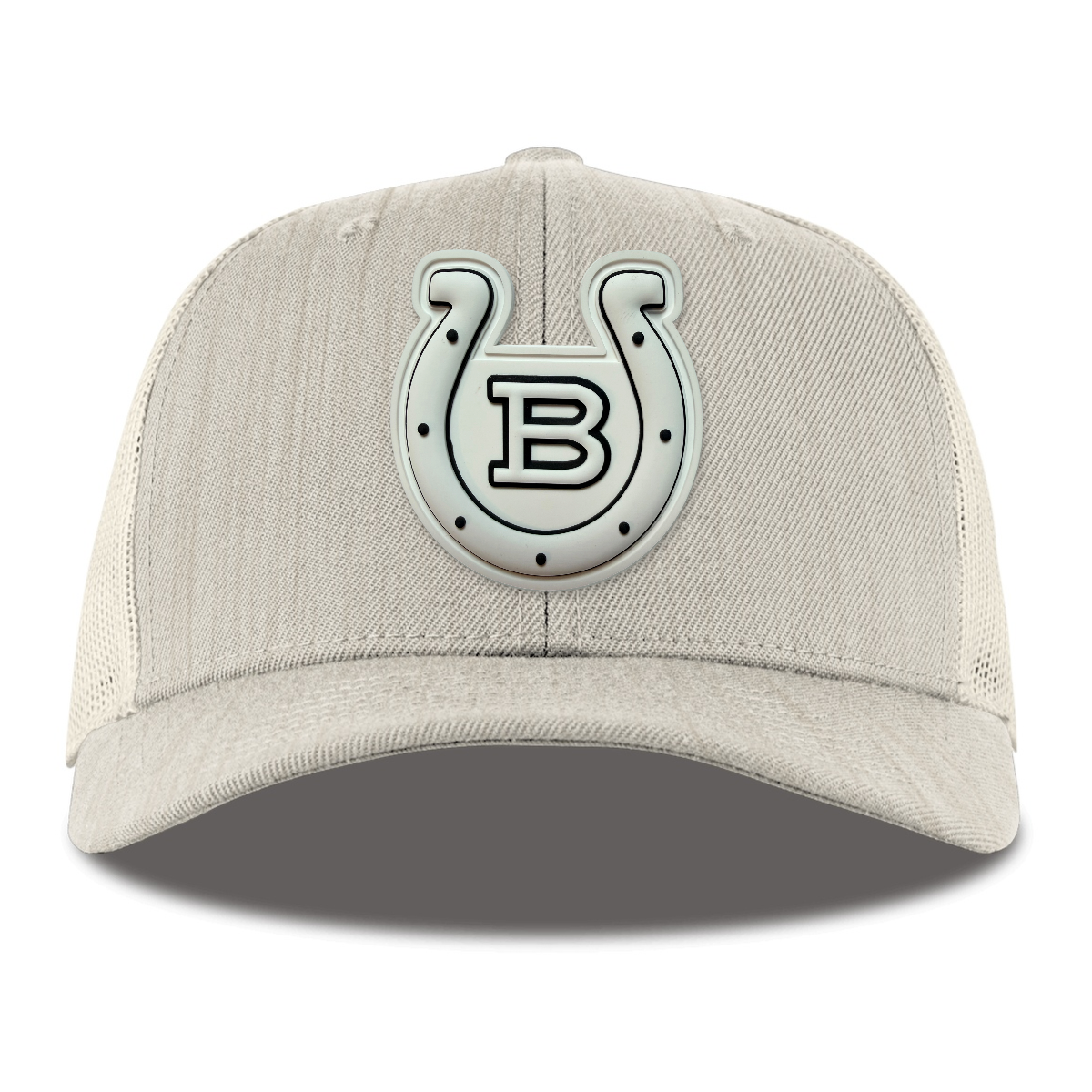 Horseshoe Trucker — Monochrome Patch, Heather Beige, front