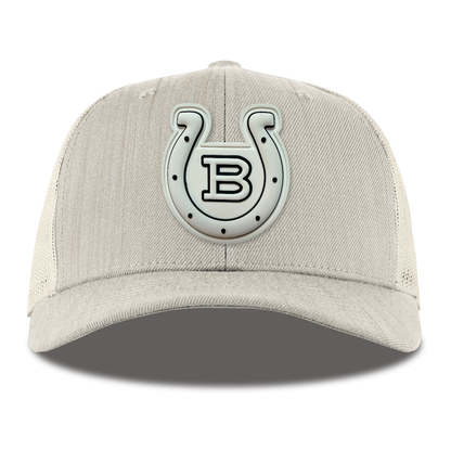Horseshoe Trucker — Monochrome Patch, Heather Beige, front