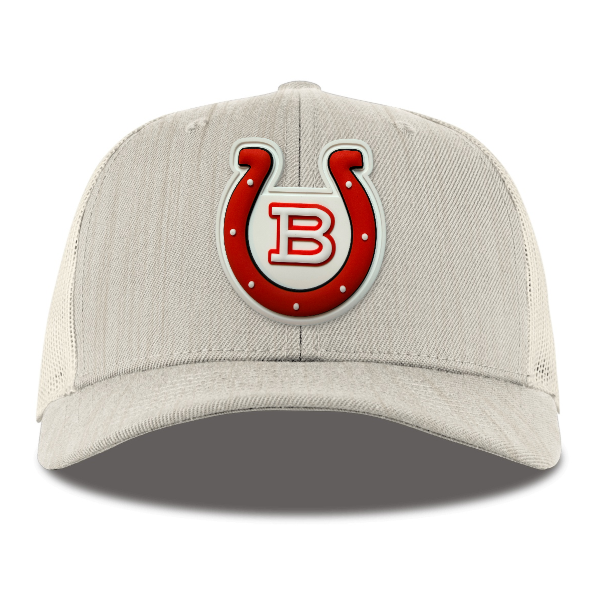 Horseshoe Trucker — White Patch, Heather Beige, front